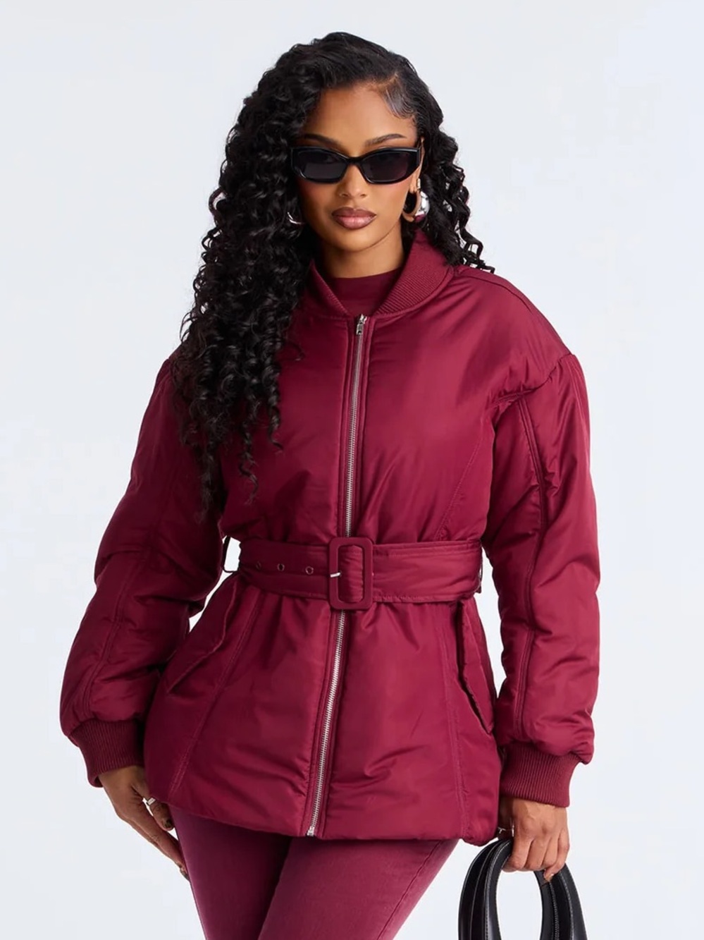 Belted Puffer Jacket in Burgundy